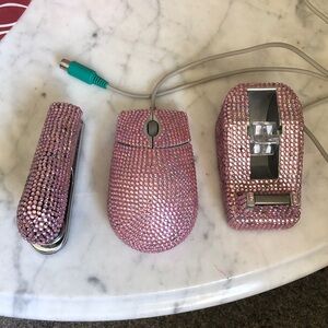 Pink Rhinestone Computer Mouse, tape & stapler 3pc set! Vintage!
